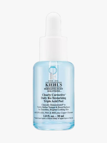 Kiehl's Since 1851 Clearly Corrective Daily Retexturizing Triple Acid Peel Serum in branded dropper component on a light gray background