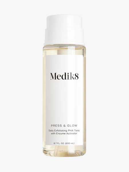 Medik8 Press & Glow Daily Exfoliating PHA Tonic in branded component on a light gray background
