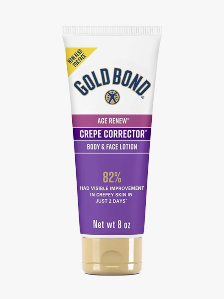 Gold Bond Age Renew Crepe Corrector Body Lotion white and purple tube with gold cap on light gray background